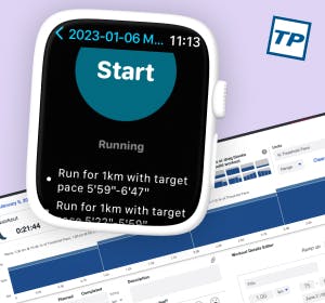 Screenshot of the TrainingPeaks website and an Apple Watch showing the same workout