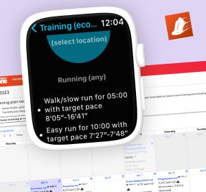 Screenshot of the TrainAsONE website and an Apple Watch showing a workout from the calendar