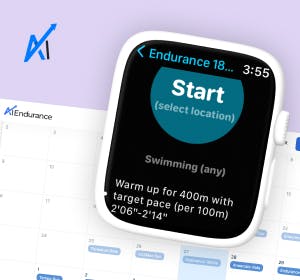 Screenshot of the AI Endurance website and an Apple Watch showing a workout from the calendar