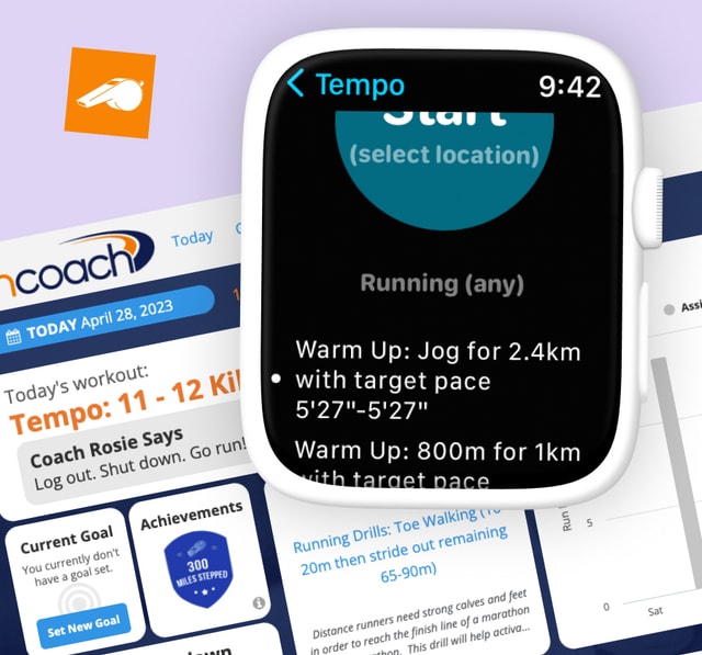 Screenshot of the Runcoach website and an Apple Watch showing the same workout