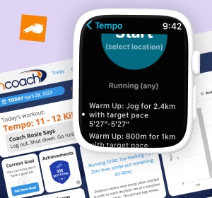 Screenshot of the Runcoach website and an Apple Watch showing the same workout