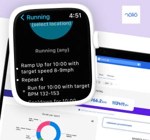 Screenshot of the Nolio website and an Apple Watch showing a workout from the calendar