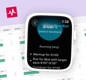 Screenshot of the Intervals.icu website and an Apple Watch showing a workout from that calendar