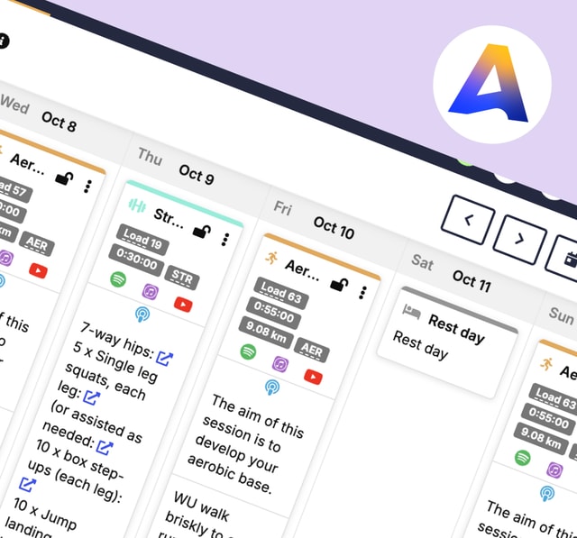 Screenshot of the Athletica website and an Apple Watch showing a synced triathlon workout